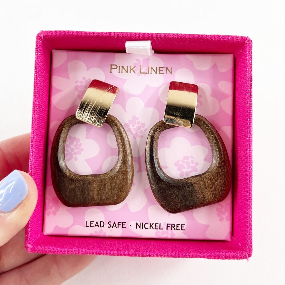 Pink Linen Gold Hoop Dangle Drop Earrings Wood Gold